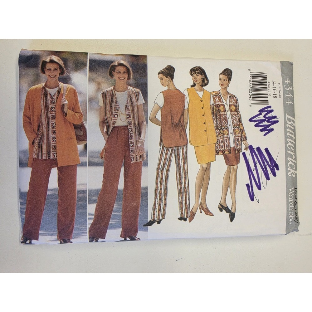 Butterick #4344 Sewing Pattern Size 14-16-18 Misses Jacket Vest Skirt Pants Tall